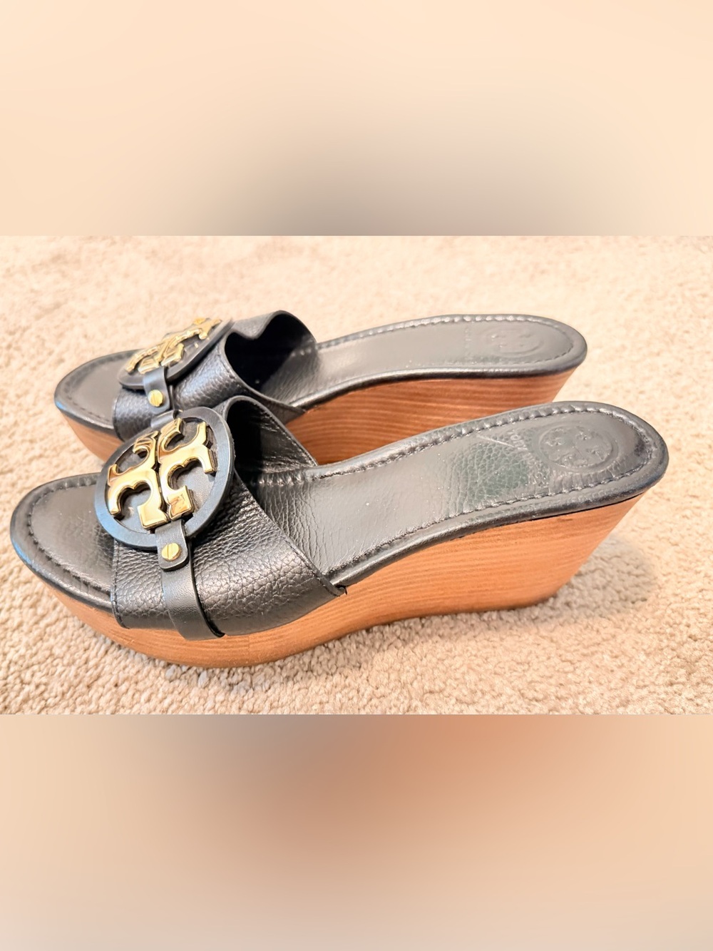 Tory Burch Black Leather Patti 3 Mid Wedge  PlatformSlide Sandals 9